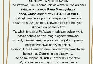 Podziękowania dla Pana Mieczysława Jońca, właściciela firmy F.P.U.H. JONIEC